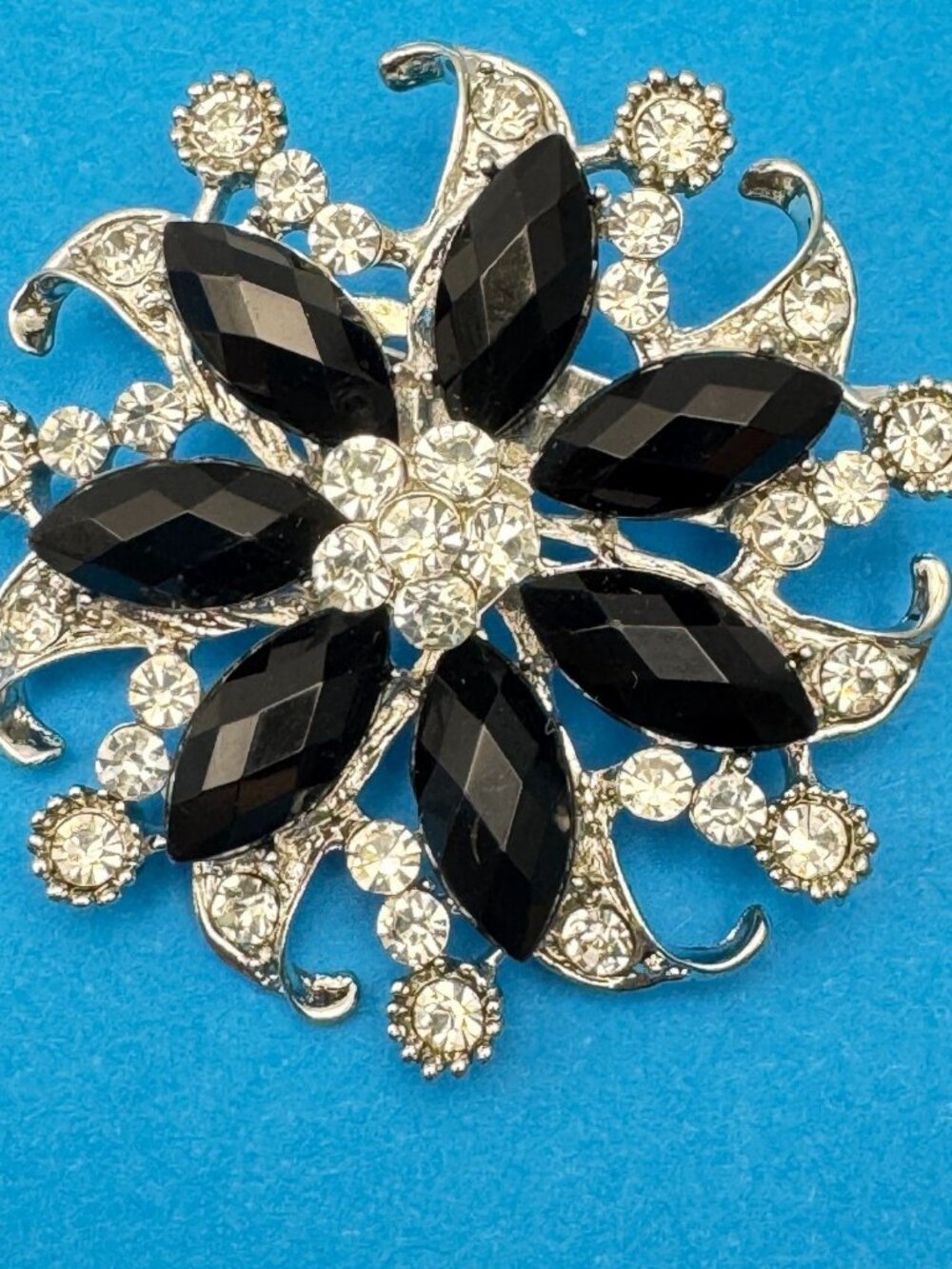 Rhinestone Flower Brooch Pin Black Faceted Stones Silver Tone Costume